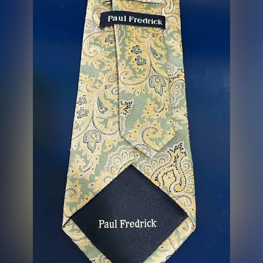 Paul Frederick Floral Paisley Metallic Silk Tie Blue Green Gold Vintage 80s 90s